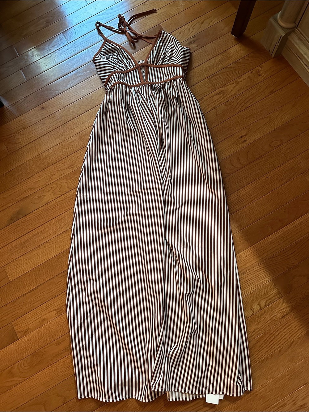 Brown and White Striped Halter Maxi Dress